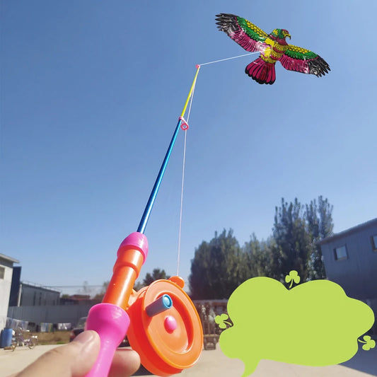Cerf-volant miniature en plastique pour enfants, avec frein à main et canne à pêche de 40 cm, jouet d'extérieur idéal pour les enfants. Cadeau parfait pour les enfants.