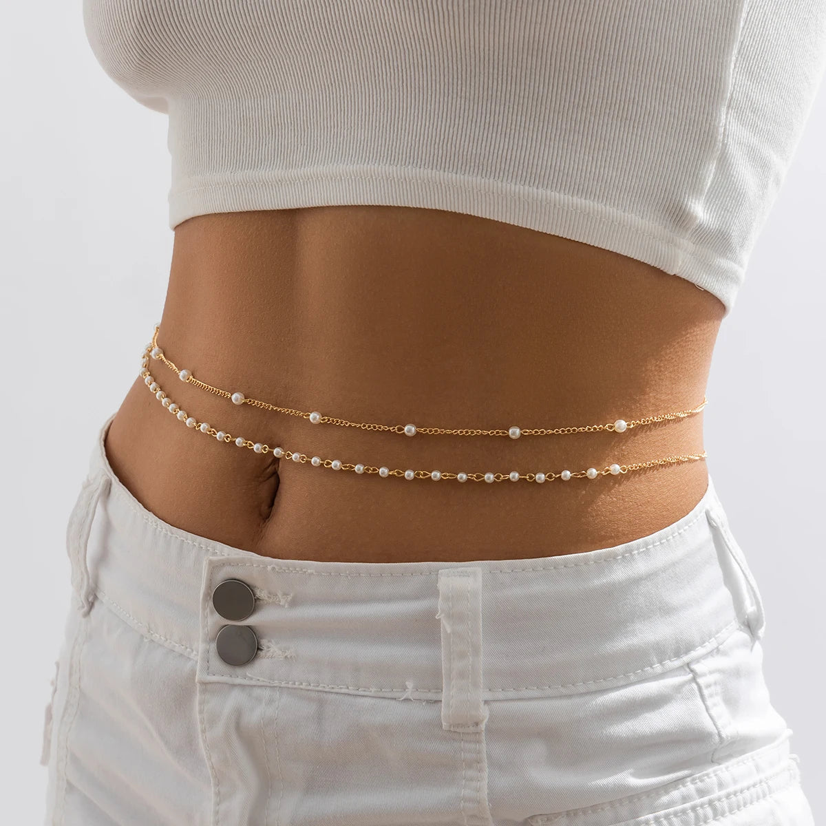 Ensemble de 2 pièces : chaîne de taille et de ventre sexy bohème avec perles d'imitation, idéale pour l'été, les bikinis et autres occasions spéciales. Bijou de corps double couche. Accessoires de festival.