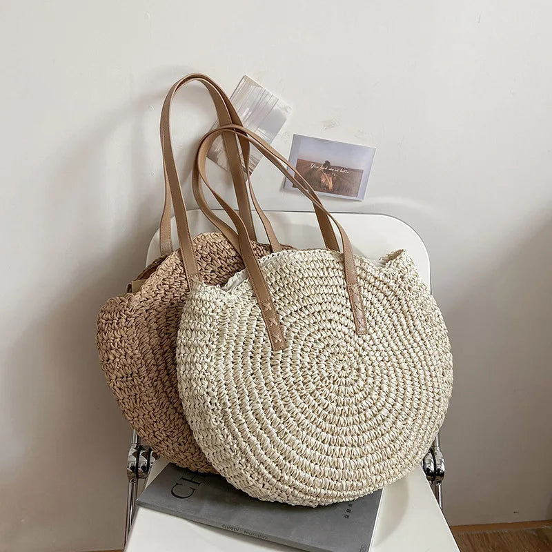 Sac cabas rond d'été en paille tressée pour femme, grande capacité, ajouré, style simple.
