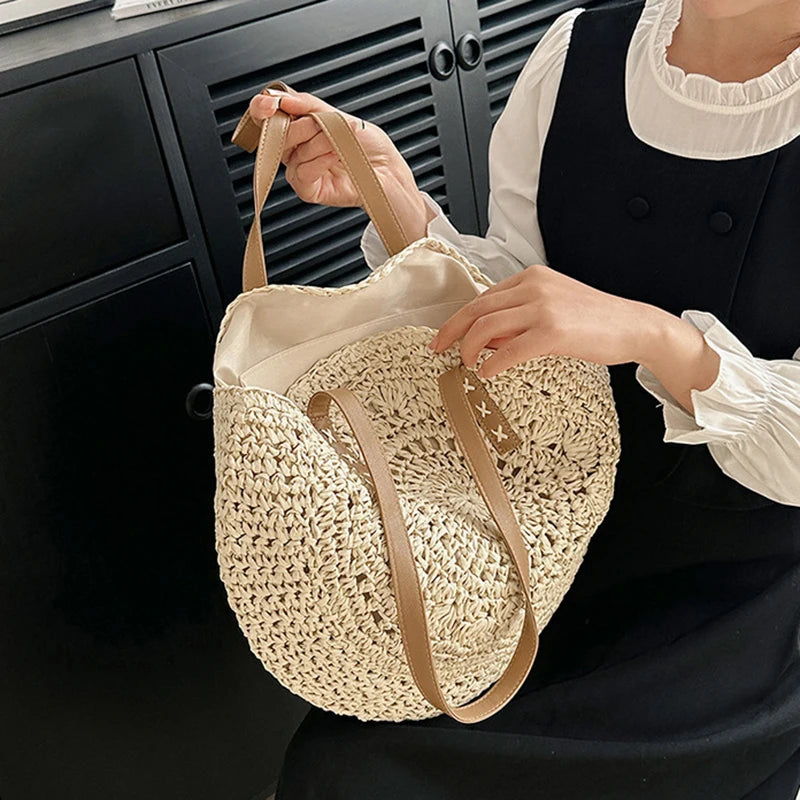 Sac cabas rond d'été en paille tressée pour femme, grande capacité, ajouré, style simple.