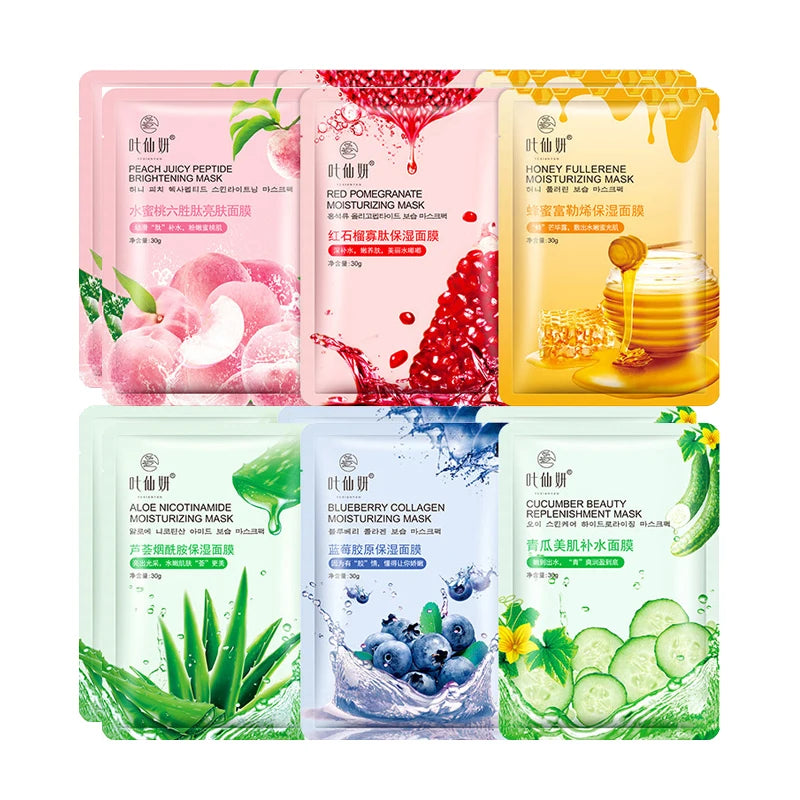 12 masques faciaux hydratants aux myrtilles, à l'aloe vera, au concombre et à la pêche, pour un soin du visage beauté.